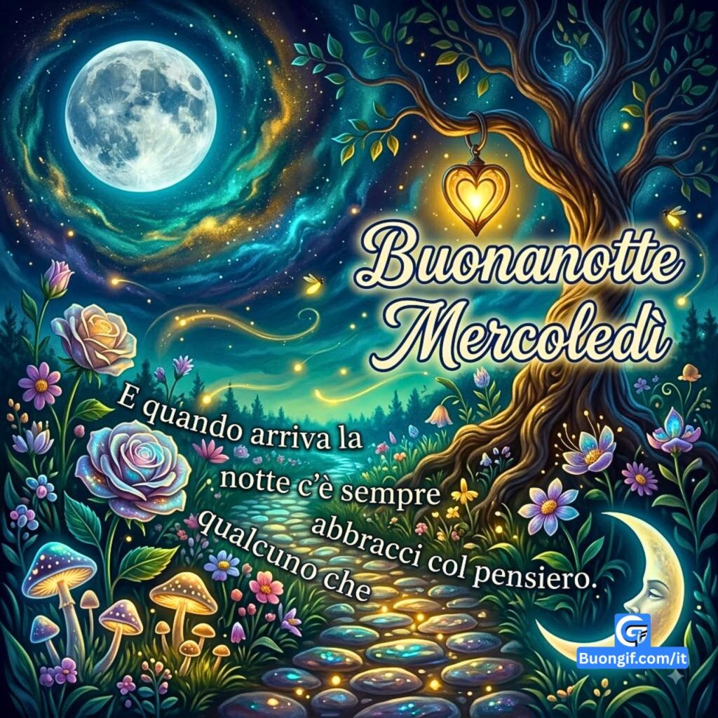 Foresta magica notturna con fiori luminescenti, cuore, luna e testo Buonanotte Mercoledì.