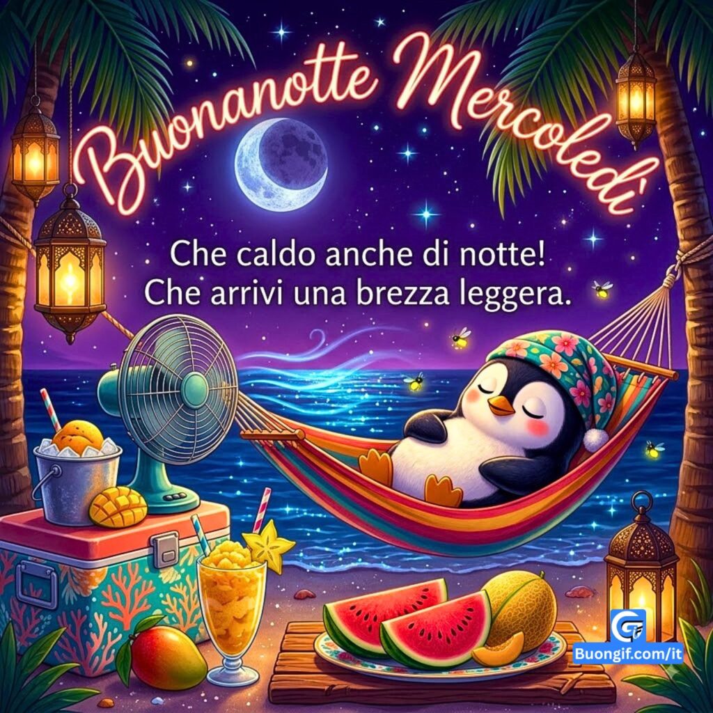 Pinguino che dorme in amaca sulla spiaggia con ventilatore e scritta neon Buonanotte Mercoledì.