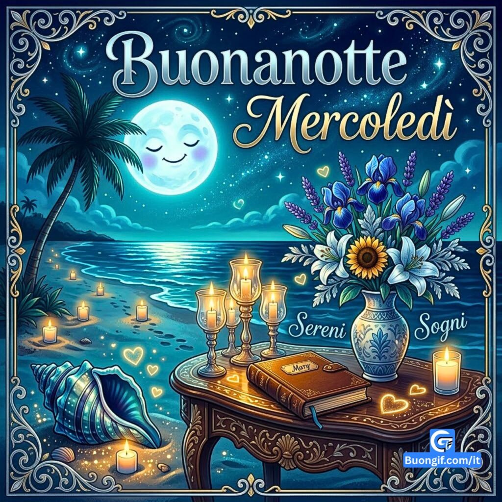 Luna sorridente su spiaggia notturna con fiori, candele e testo "Buonanotte Mercoledì".