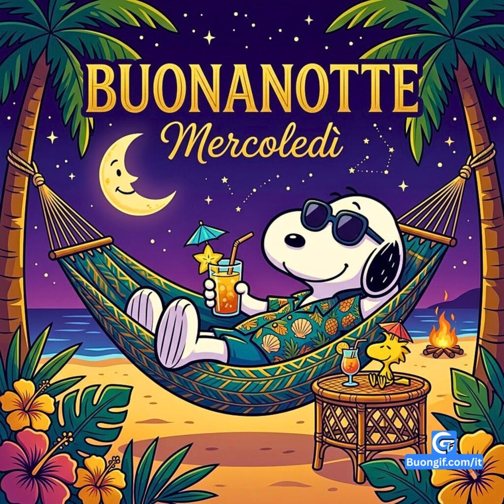 Snoopy Joe Cool si rilassa in amaca su spiaggia tropicale notturna con Woodstock e testo Buonanotte Mercoledì.