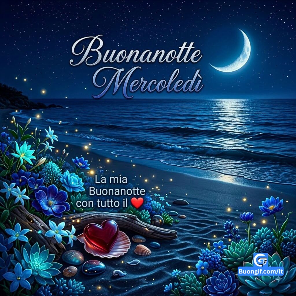 Spiaggia notturna con luna, fiori blu, cuore rosso e testo Buonanotte Mercoledì.