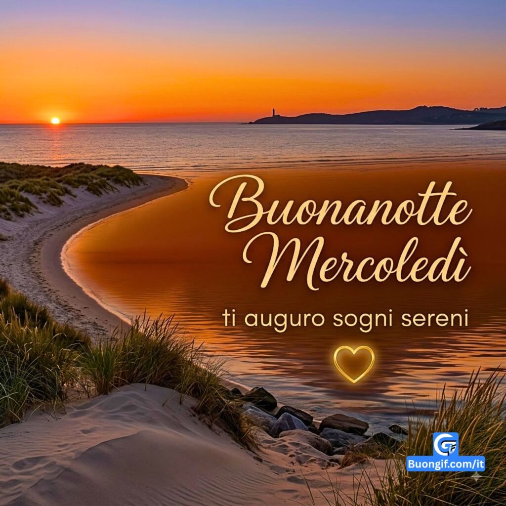 Tramonto costiero con scritte "Buonanotte Mercoledì" e cuore luminoso.Descrizione
