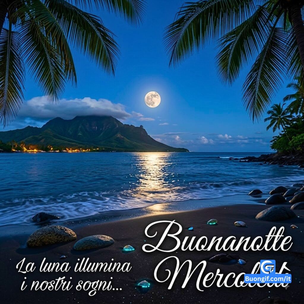Spiaggia tropicale notturna con luna, isola, riflesso sull'acqua e testo Buonanotte Mercoledì.