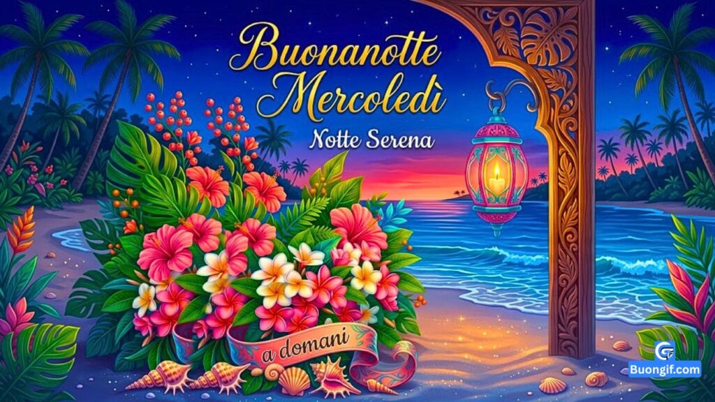 Spiaggia tropicale notturna con fiori, lanterna marocchina e testo Buonanotte Mercoledì.