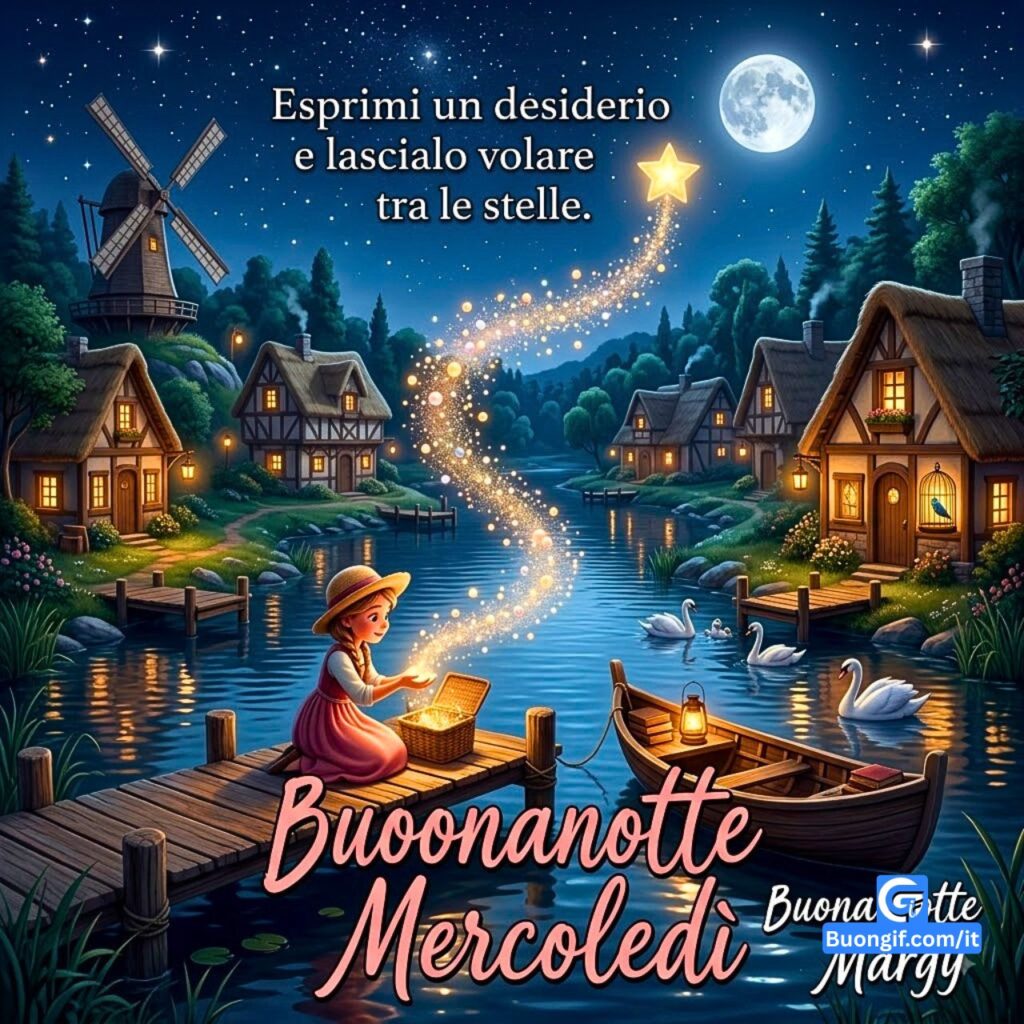 Ragazza sul molo con stardust, villaggio di fiaba notturno e testo Buoonanotte Mercoledì
