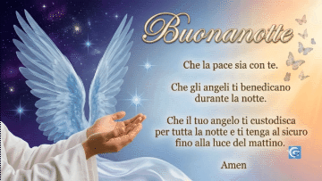 Buonanotte con ali d'angelo, mani che ricevono e testo "Buonanotte", "Che la pace sia con te", "Amen"