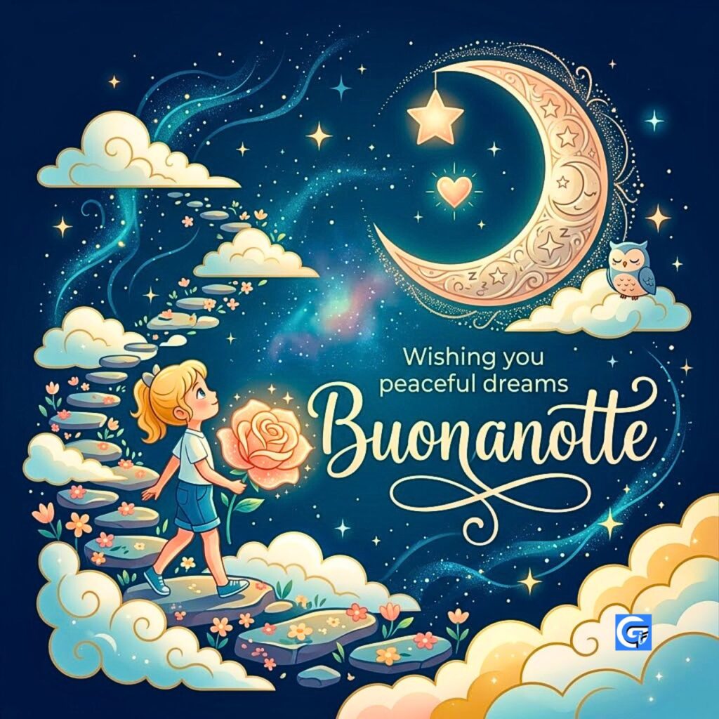 Una bambina con una rosa luminosa sale una scala di nuvole verso una luna decorata con la scritta "Buonanotte" e "Wishing you peaceful dreams"