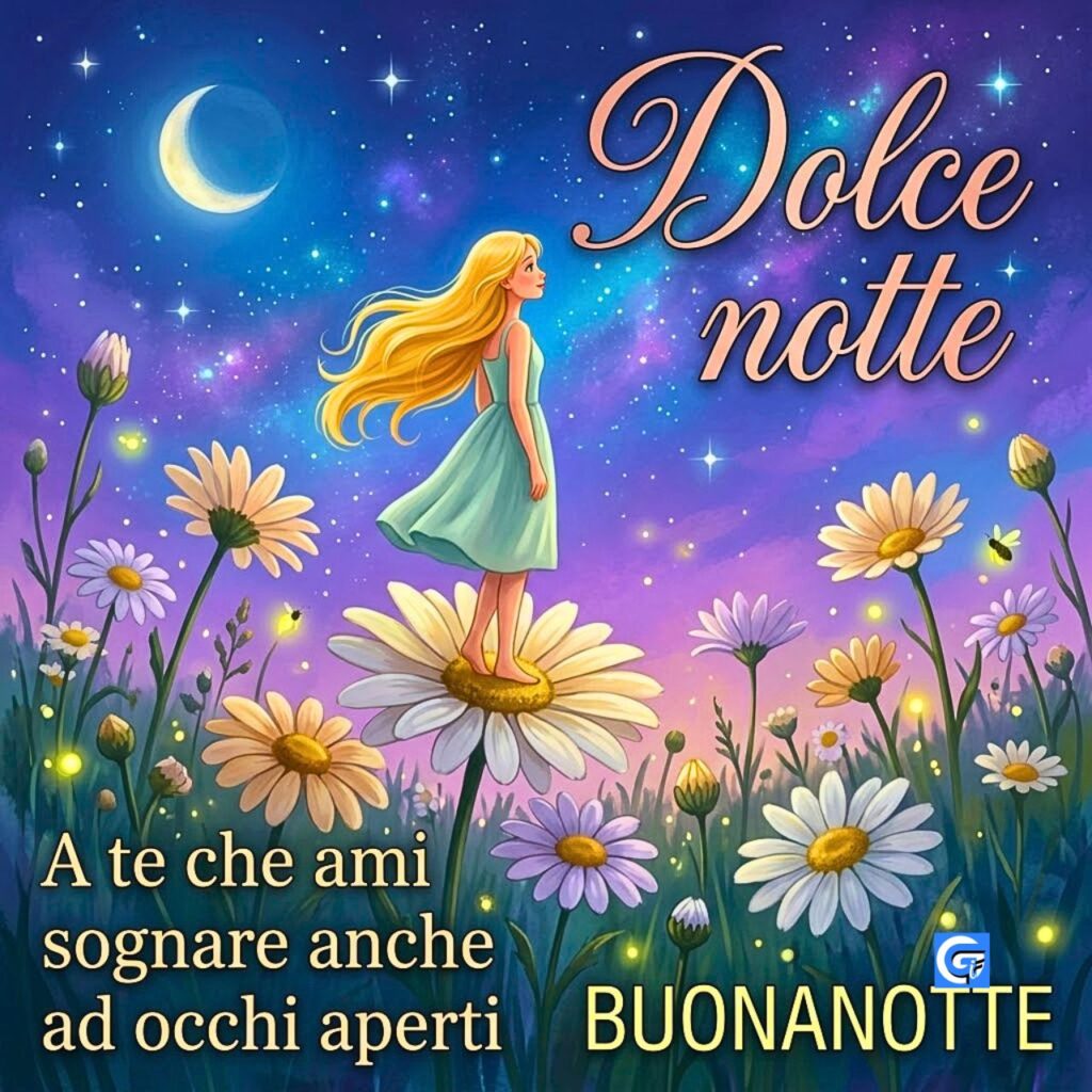 Ragazza bionda su margherita gigante sotto cielo stellato con testo Dolce notte e BUONANOTTE.