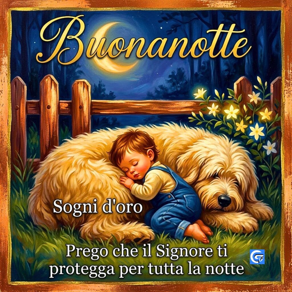 Neonato addormentato su cane shaggy con testo Buonanotte Sogni d'oro e preghiera di protezione.