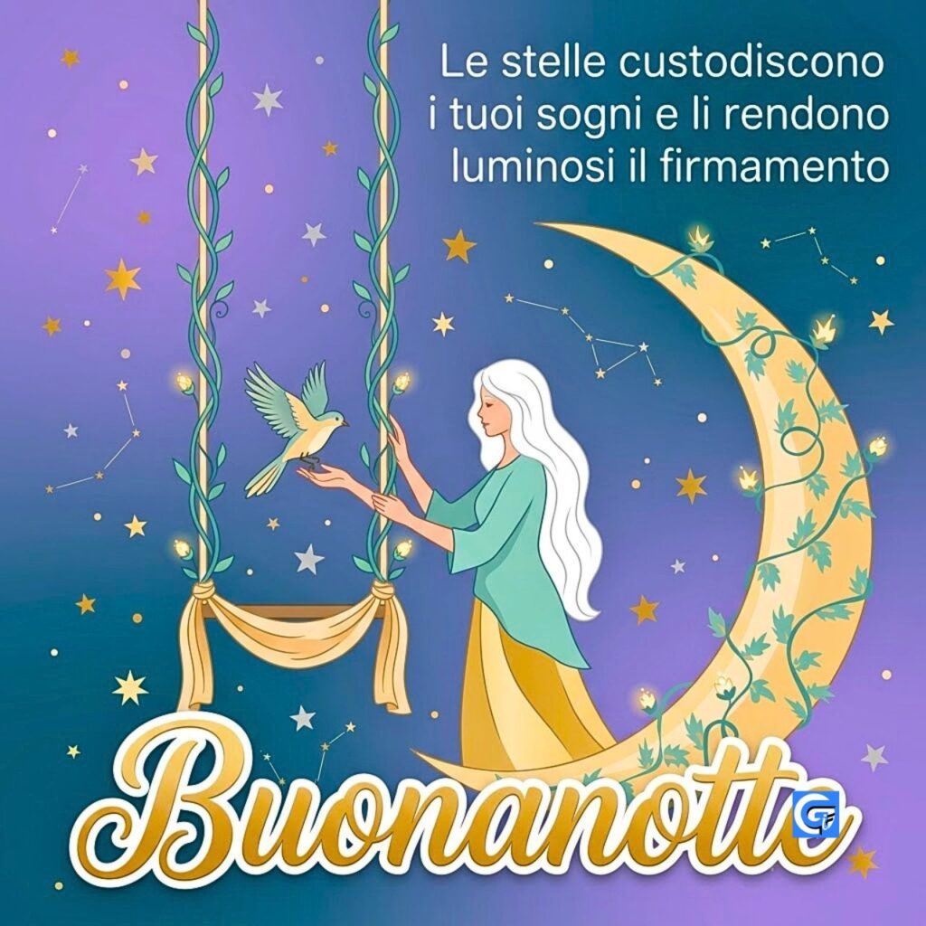 Fata con capelli bianchi su un'altalena accanto a una luna a falce decorata e testo "Buonanotte" in italiano.
