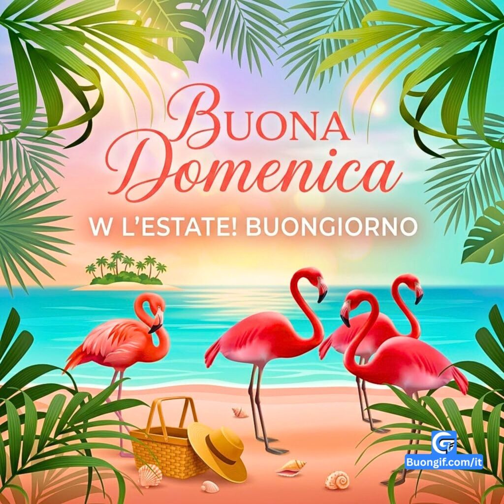 Quattro fenicotteri rosa su una spiaggia soleggiata e il testo "Buona Domenica W L'estate! Buongiorno".