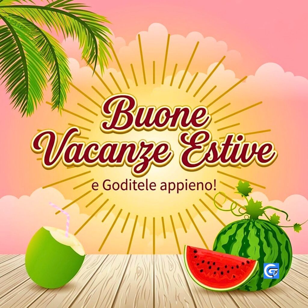 Scena estiva vettoriale con palme, anguria, cocco e il testo Buone Vacanze Estive e Goditele appieno!