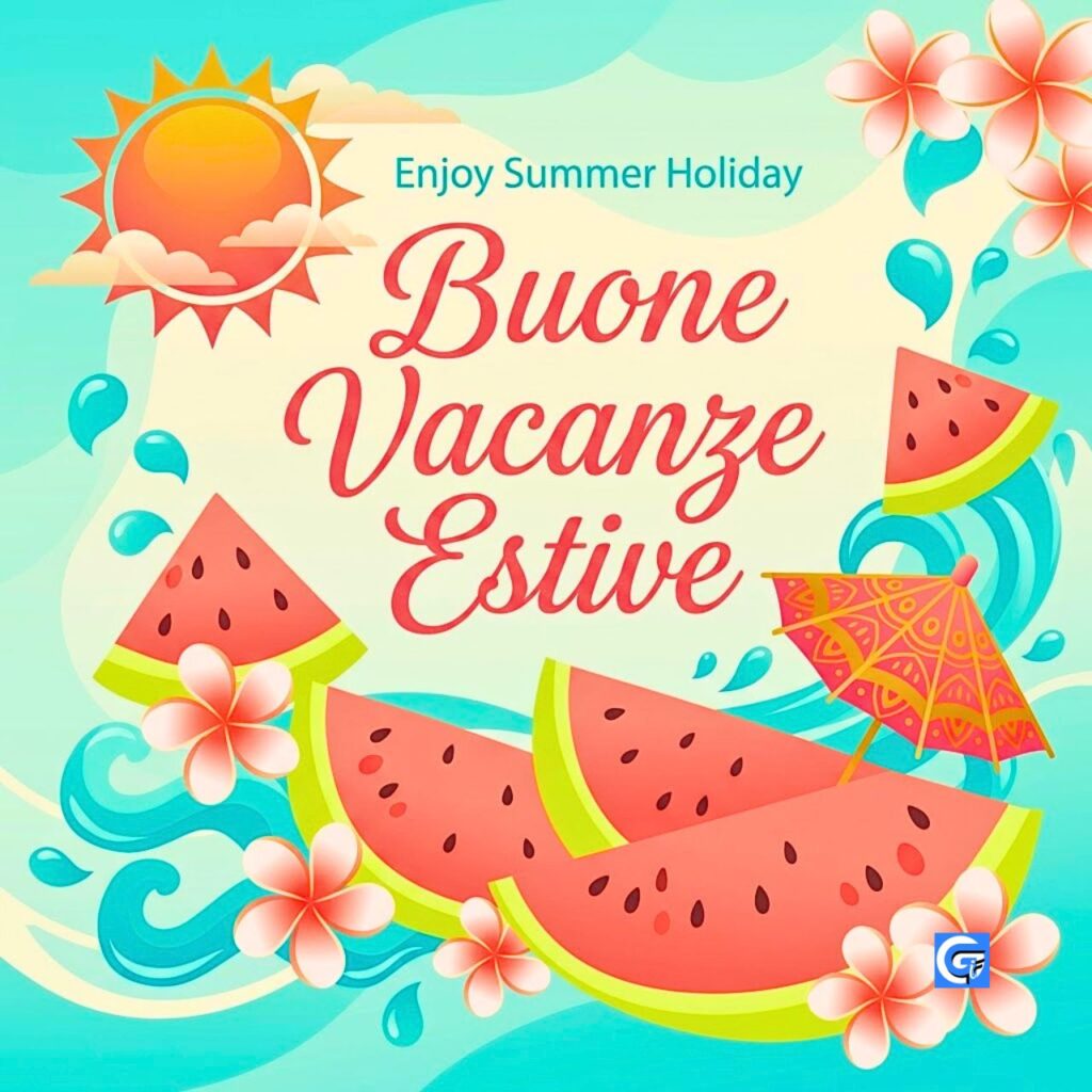 Fette di anguria, fiori di plumeria, sole stilizzato e ombrellone con testo Buone Vacanze Estive.