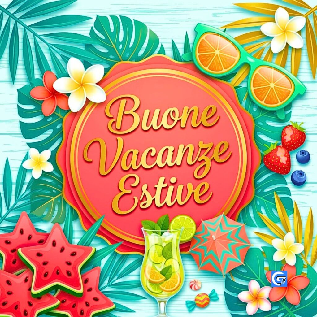 Grafica vettoriale con testo calligrafico Buone Vacanze Estive circondata da occhiali da sole agrumati anguria e fiori di plumeria su legno turchese.