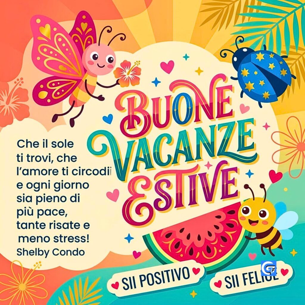 Illustrazione estiva con testo BUONE VACANZE ESTIVE, farfalla, coccinella, ape e anguria.