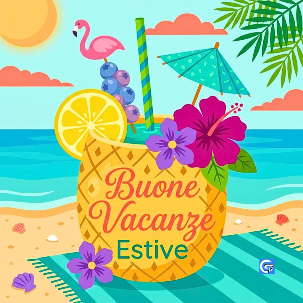 Cocktail di ananas decorato con fenicottero e fiori e testo Buone Vacanze Estive sulla spiaggia tropicale.