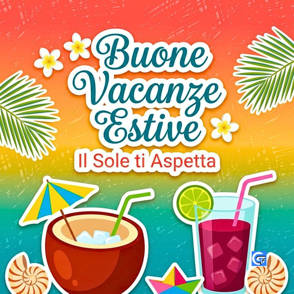 Illustrazione vettoriale summer vibe con noce di cocco succo tropicale fiori di plumeria fronde di palma e testo Buone Vacanze Estive Il Sole ti Aspetta