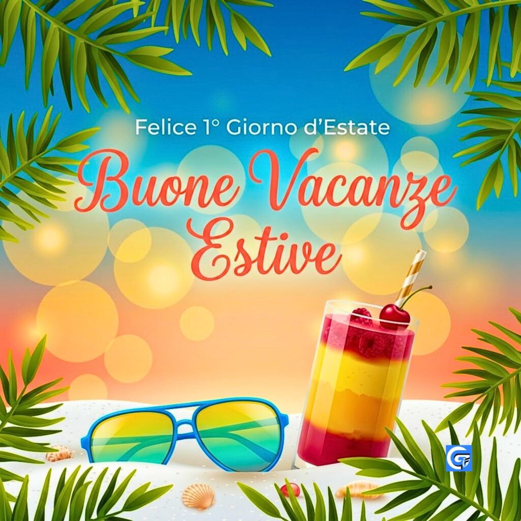Occhiali da sole e cocktail colorato sulla sabbia con testo Buone Vacanze Estive e Felice 1&deg; Giorno d'Estate.