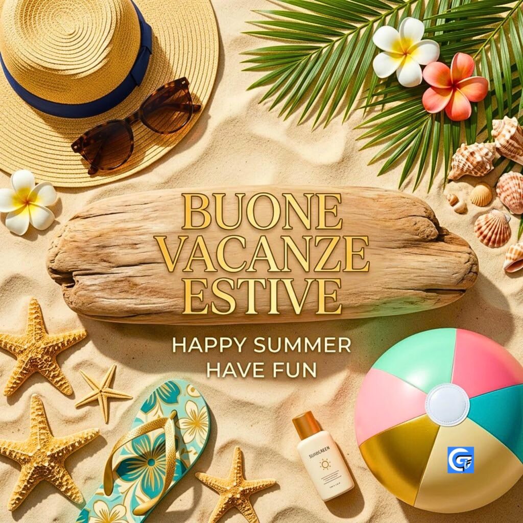 Cappello di paglia, occhiali, conchiglie e testo BUONE VACANZE ESTIVE su legno in spiaggia.