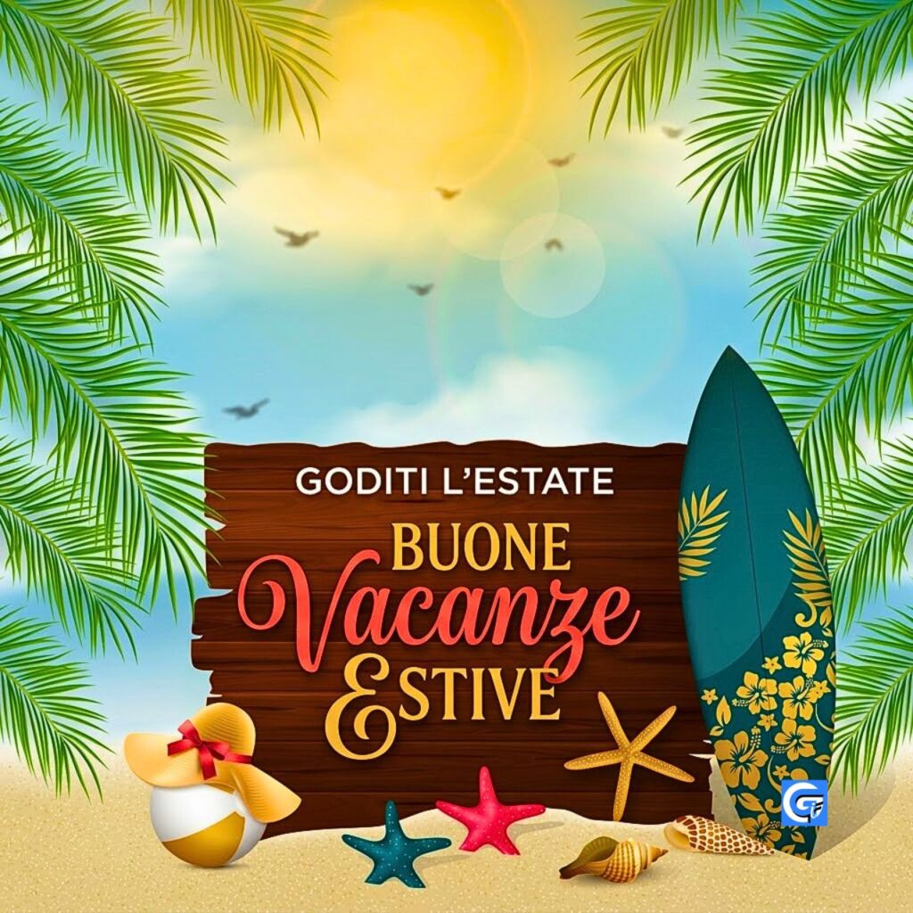 Illustrazione vettoriale di un poster estivo con insegna di legno, surf e testo Buone Vacanze Estive Goditi l'Estate.