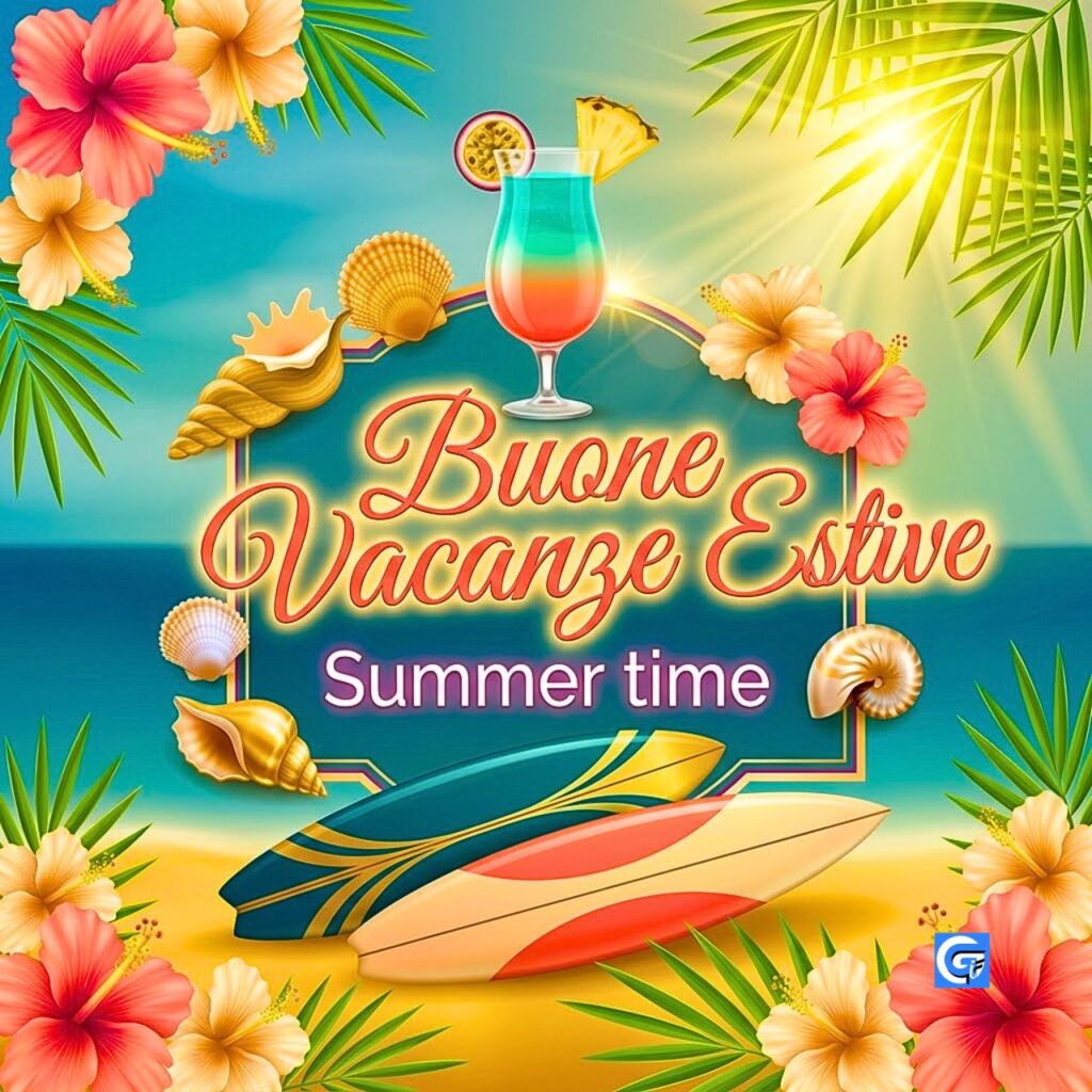 Illustrazione estiva tropicale con cocktail, surf e testo 'Buone Vacanze Estive' e 'Summer time'.