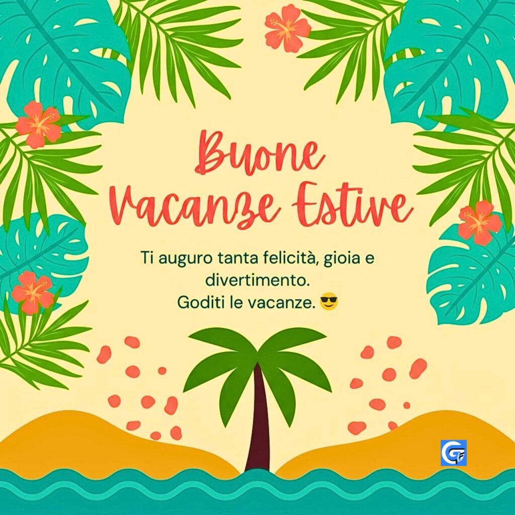 Cornice tropicale di palme e ibisco intorno al testo Buone Vacanze Estive e auguri di felicit&agrave;.