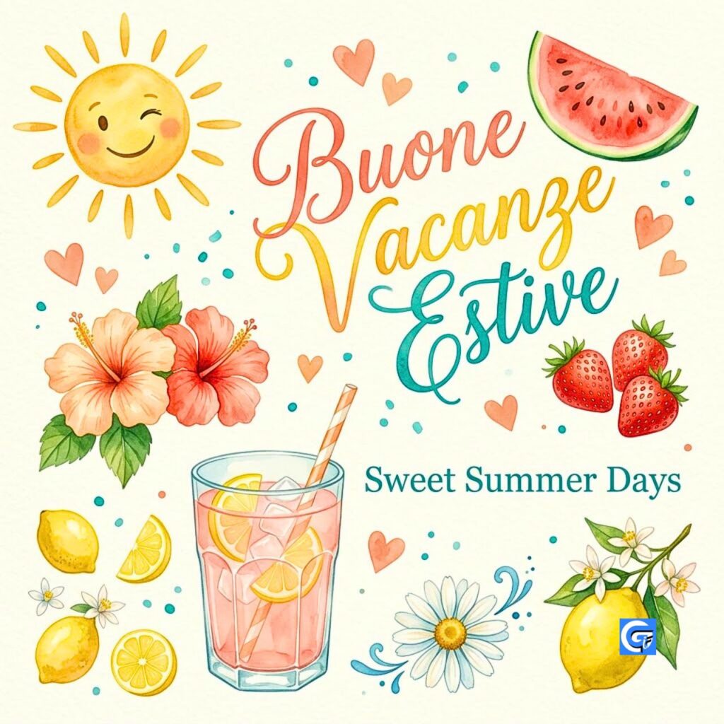 Buone Vacanze Estive Sweet Summer Days watercolor limoni anguria sole fiori frutta