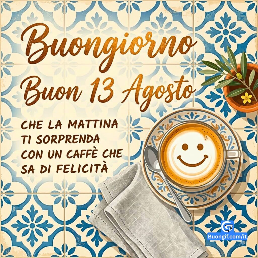 Vettoriale caff&egrave; con sorriso, lavanda, testo Buongiorno e Buon 13 Agosto.Descrizione