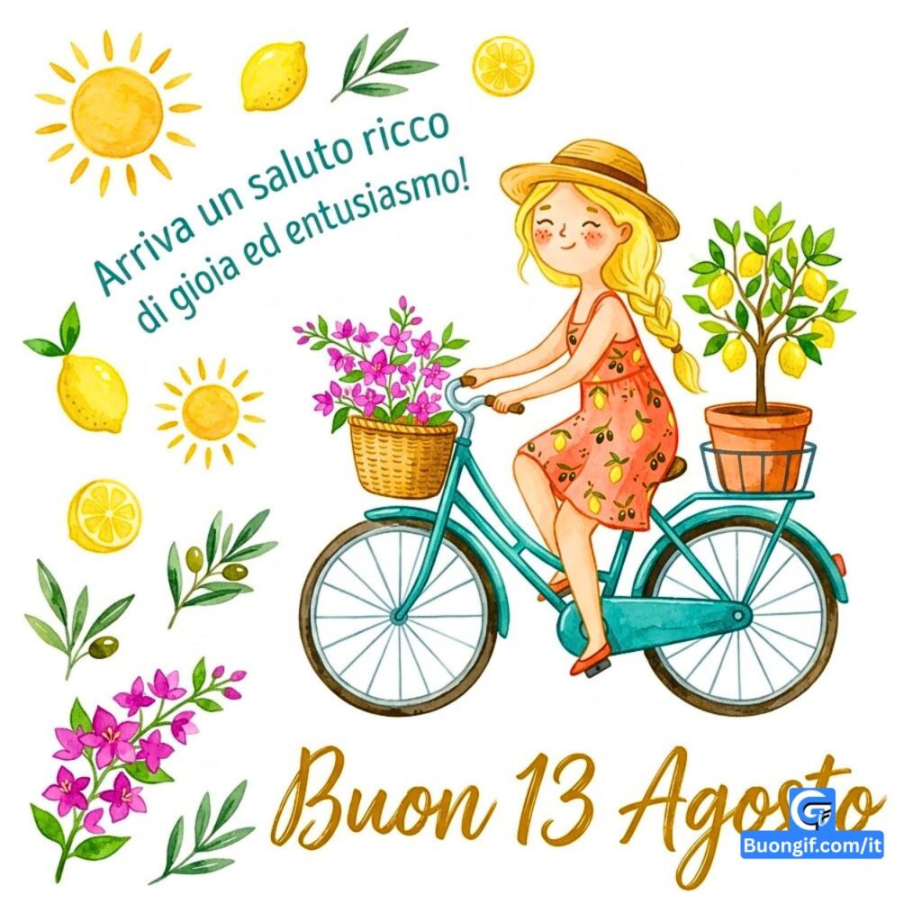 Donna in bicicletta con limoni e fiori, testo Buon 13 Agosto.