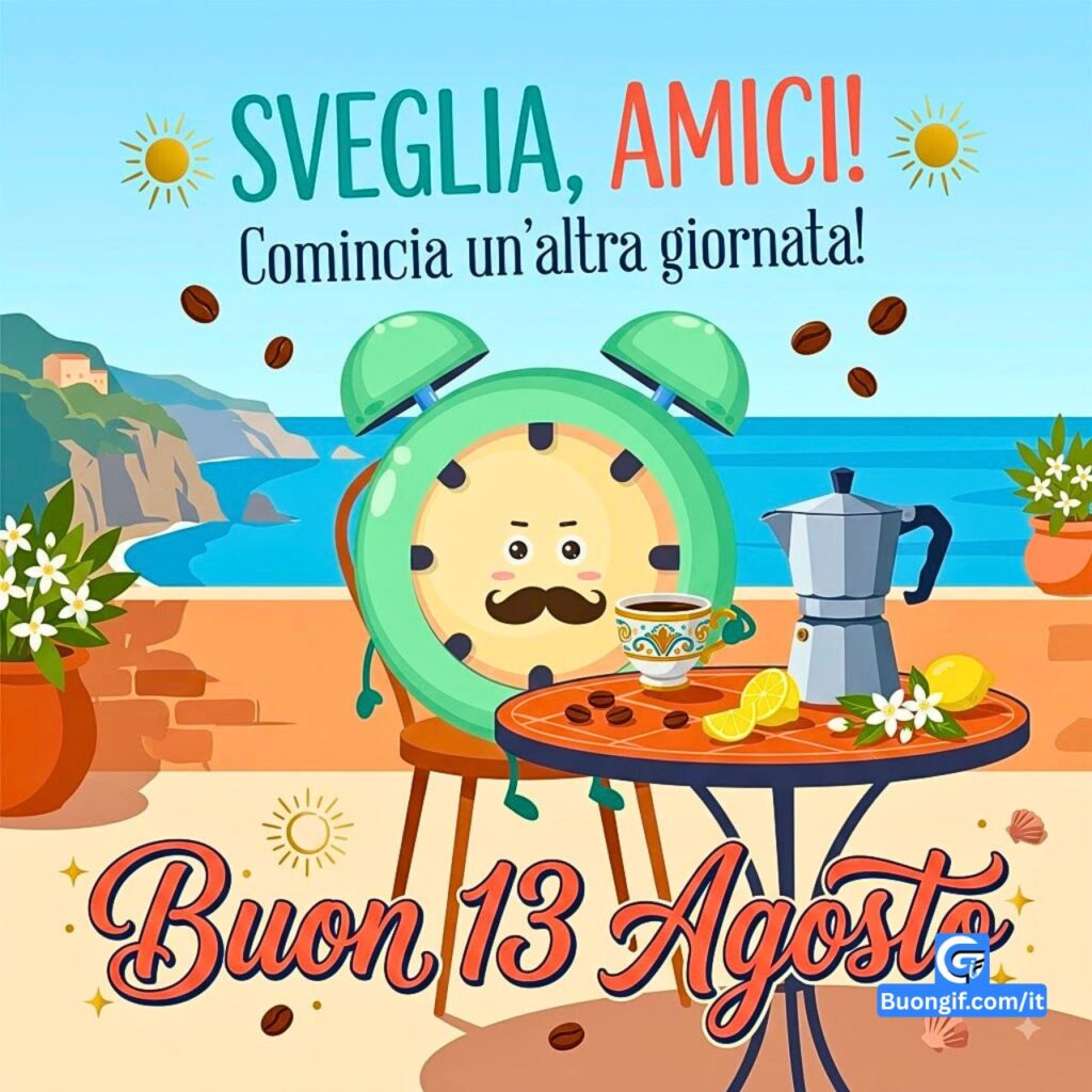 Sveglia animata con baffi che beve caff&egrave; su una terrazza panoramica sul mare il 13 agosto.