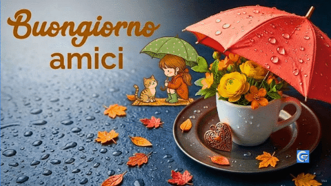 Tazza di fiori sotto un ombrello rosa su pietra bagnata e testo Buongiorno amici