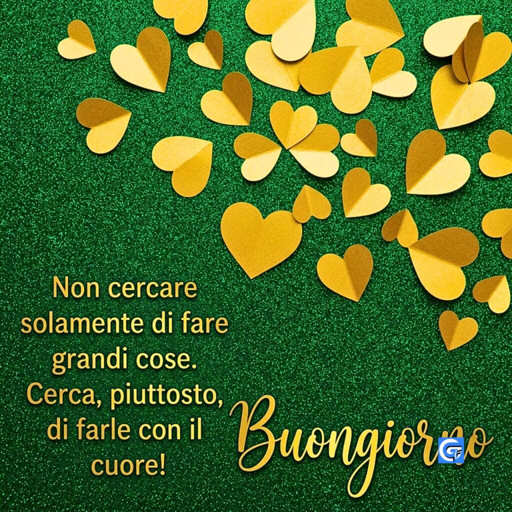 Testo in italiano Buongiorno Amore con grande cuore lucido, tazzina da caff&egrave; e cuori d'oro.
