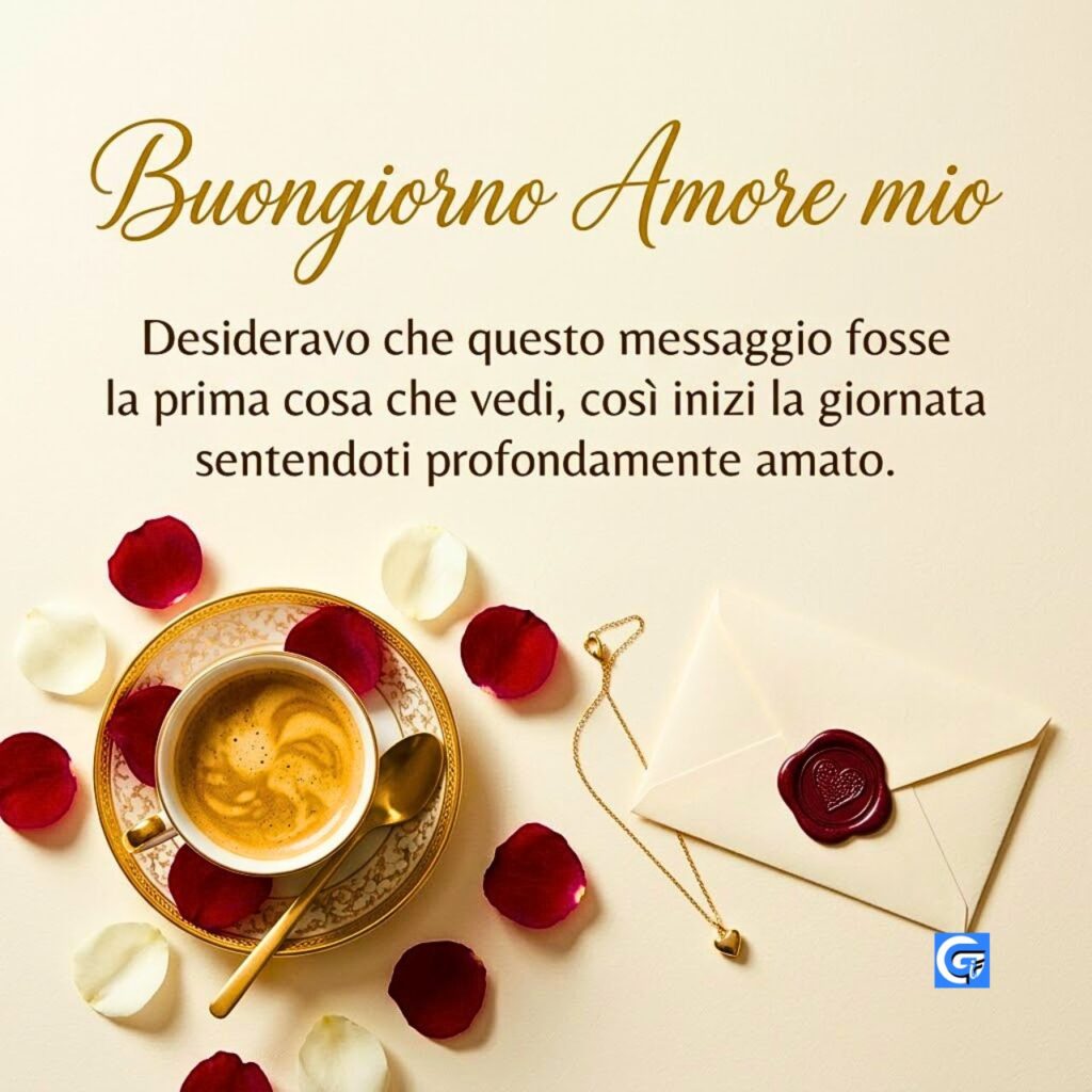Tazza di cappuccino, petali di rosa, busta sigillata e collana con testo "Buongiorno Amore mio"