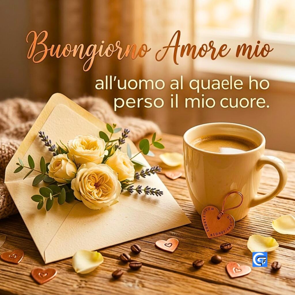 Busta con rose e lavanda, tazza di caff&egrave; e cuori con scritta "Buongiorno Amore mio".