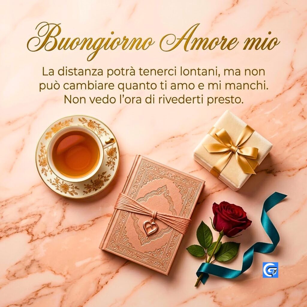 Busta con rose e lavanda, tazza di caff&egrave; e cuori con scritta "Buongiorno Amore mio".