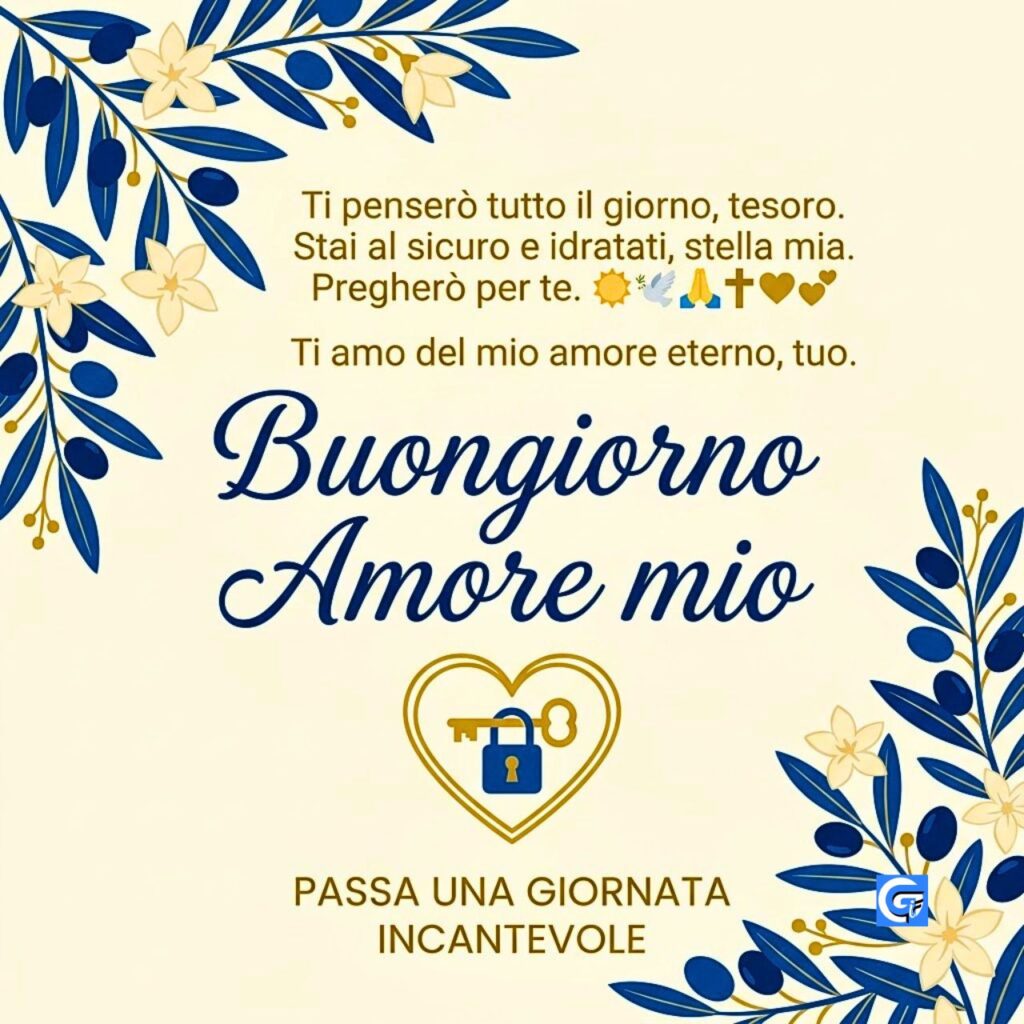 Grafica vettoriale con testo Buongiorno Amore mio e motivi floreali in blu e oro su sfondo crema.