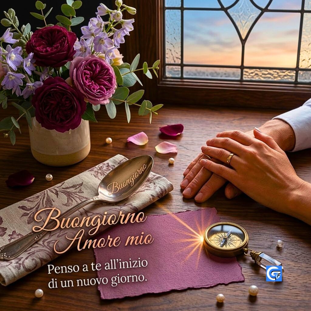 Cucchiaio d'argento con Buongiorno Amore mio e biglietto con Penso a te all'inizio di un nuovo giorno su tavolo in noce.