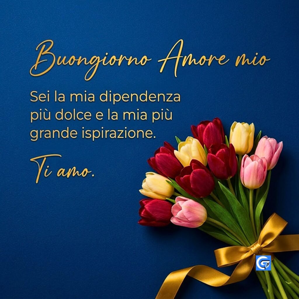 Mazzo di tulipani rossi, crema e rosa su sfondo zaffiro con testo Buongiorno Amore mio.