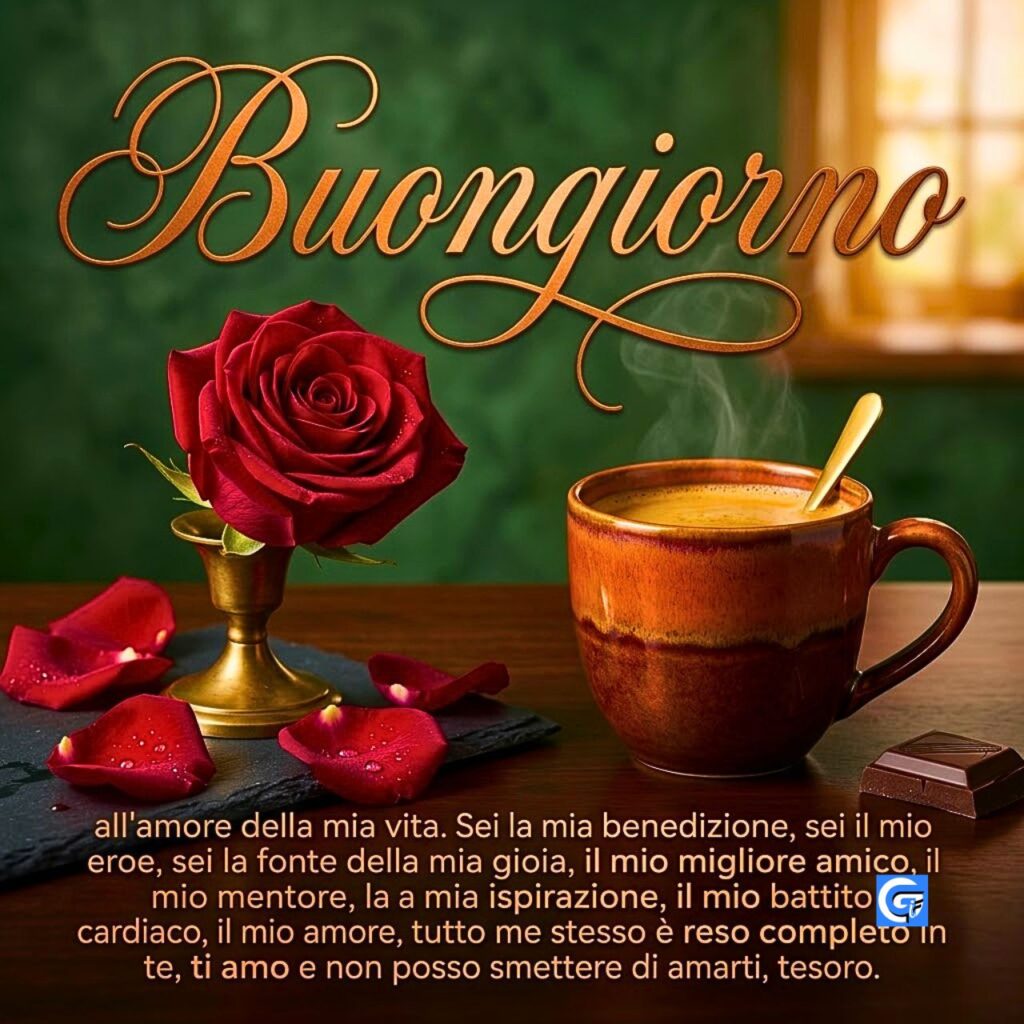 Una tazza di caff&egrave;, una rosa rossa vellutata e un'elegante scritta Buongiorno su sfondo verde.