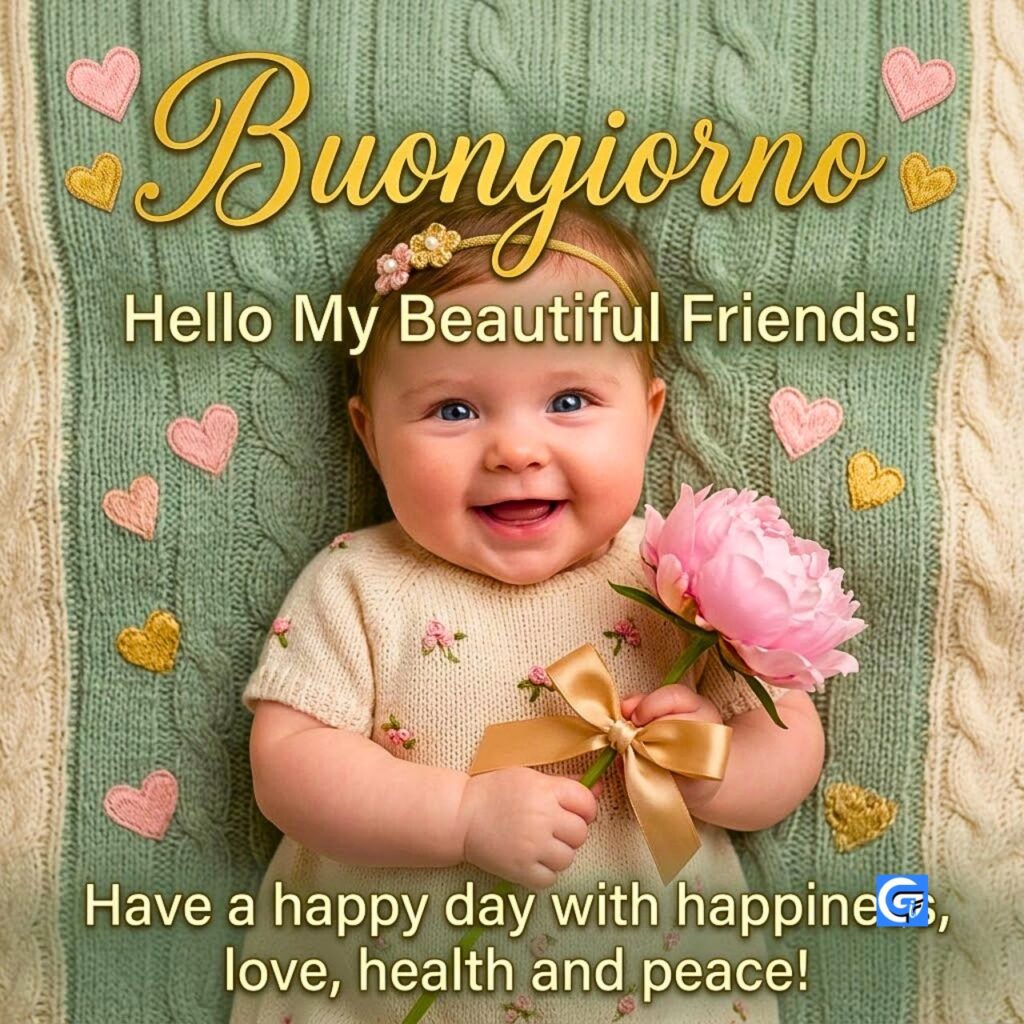 Neonata sorridente con peonia su coperta con cuori, testo Buongiorno e auguri.