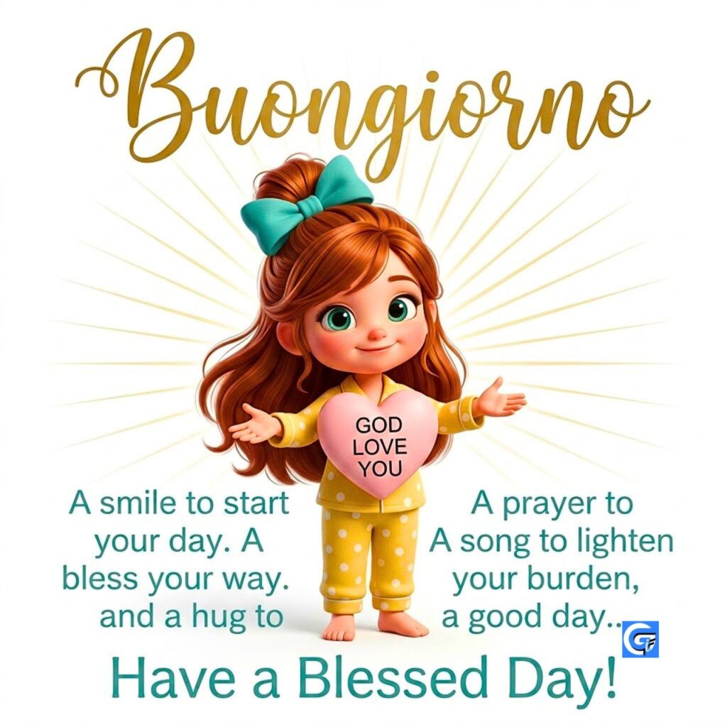 Bambina in pigiama giallo, cuore 'GOD LOVE YOU', testo 'Buongiorno' e 'Have a Blessed Day'.