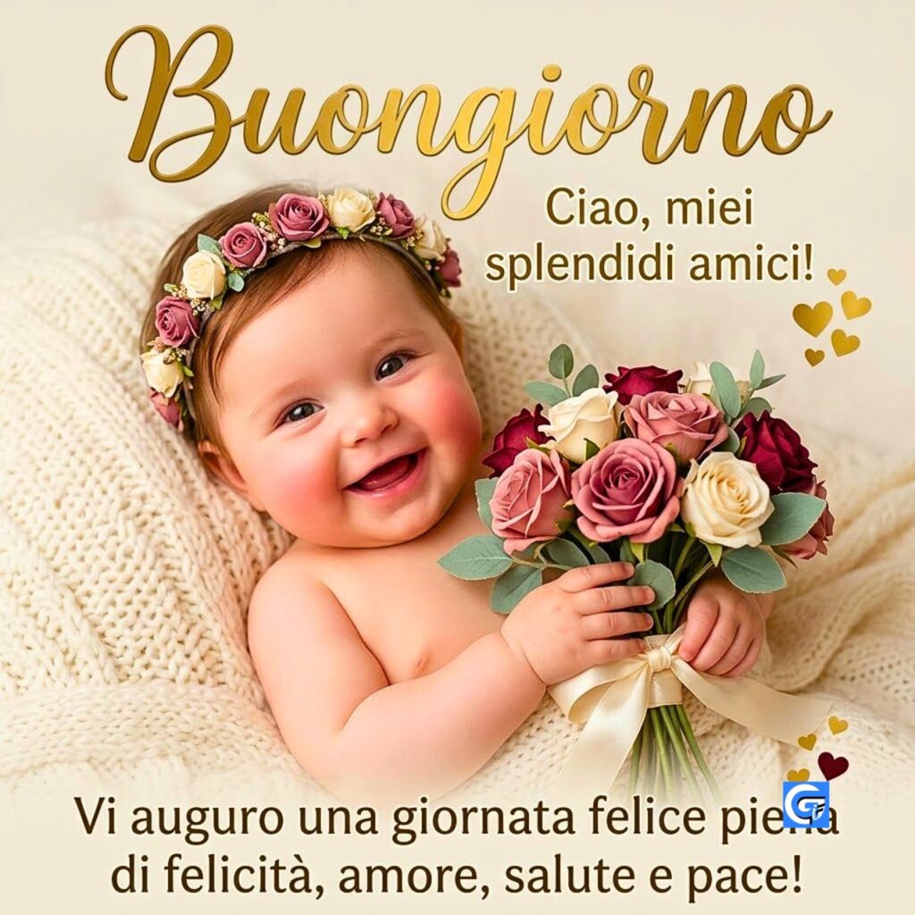 Neonata sorridente con corona e bouquet di fiori con scritte Buongiorno e Ciao amici.