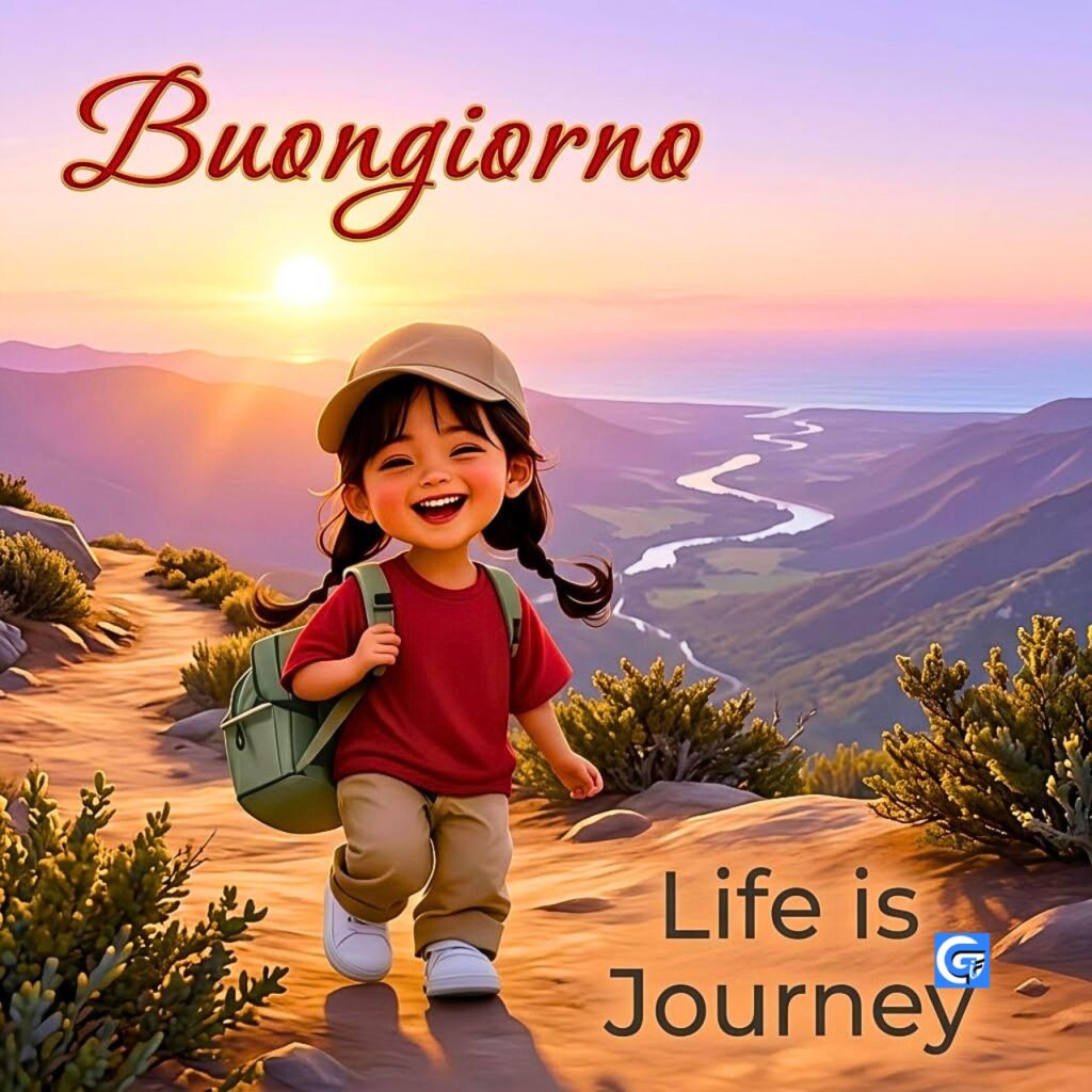 Bambina sorridente con zaino in montagna all'alba con testo Buongiorno e Life is Journey