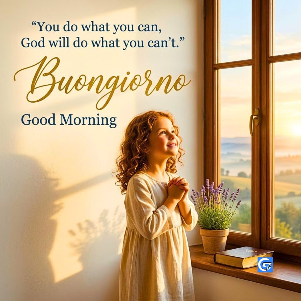 Bambina con capelli ricci che prega all'alba con il testo Buongiorno e citazione.