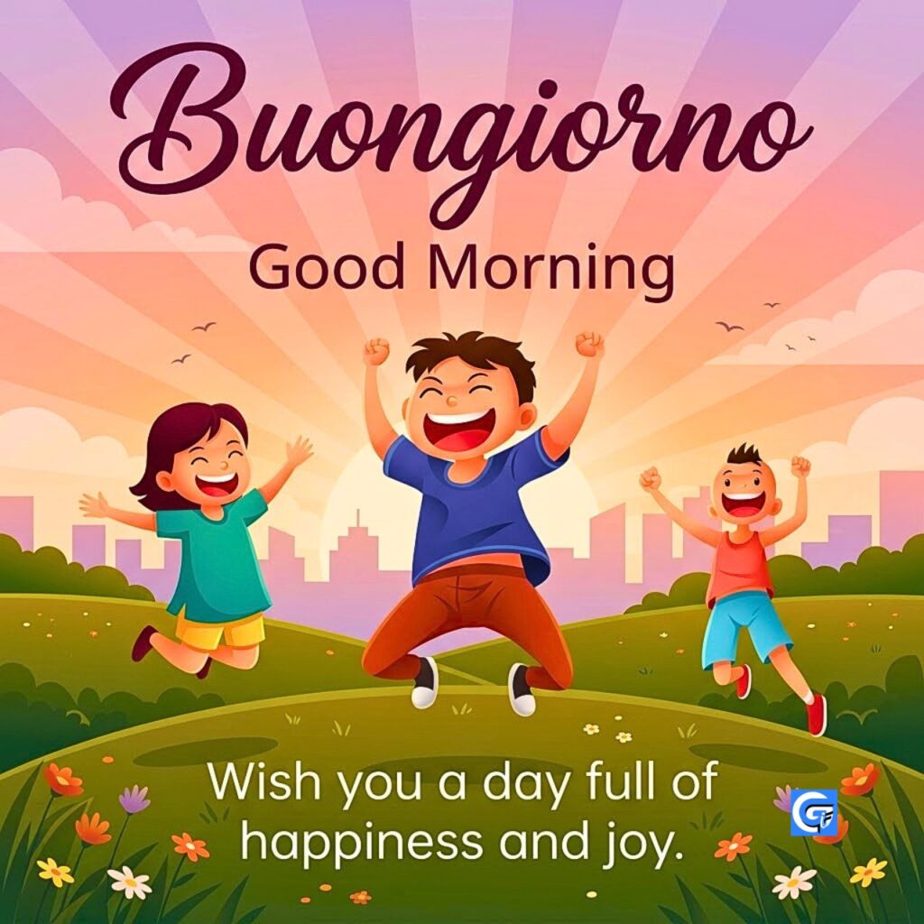 Tre bambini saltano all'alba; testo Buongiorno, Good Morning, Wish you a day full of happiness and joy.