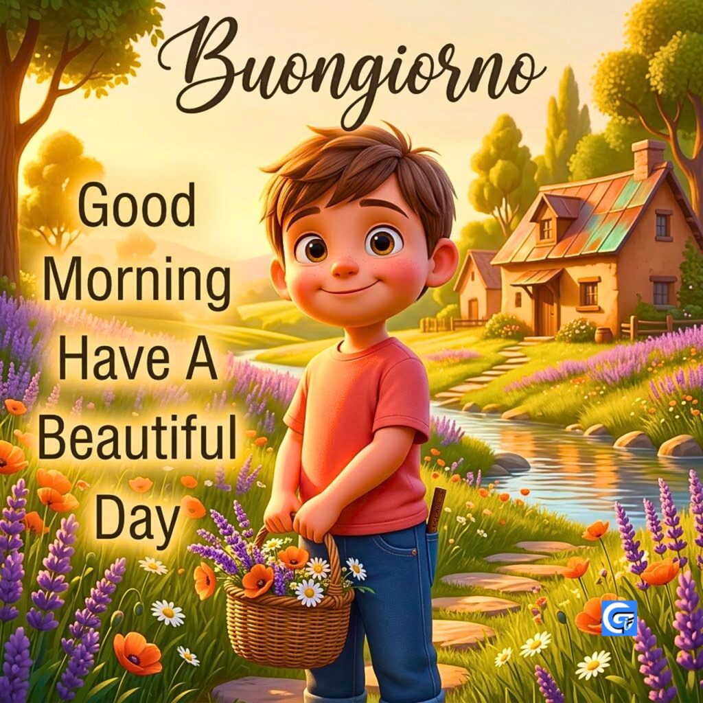 Un bambino 3D sorridente con un cesto di fiori e la scritta Buongiorno in un giardino.