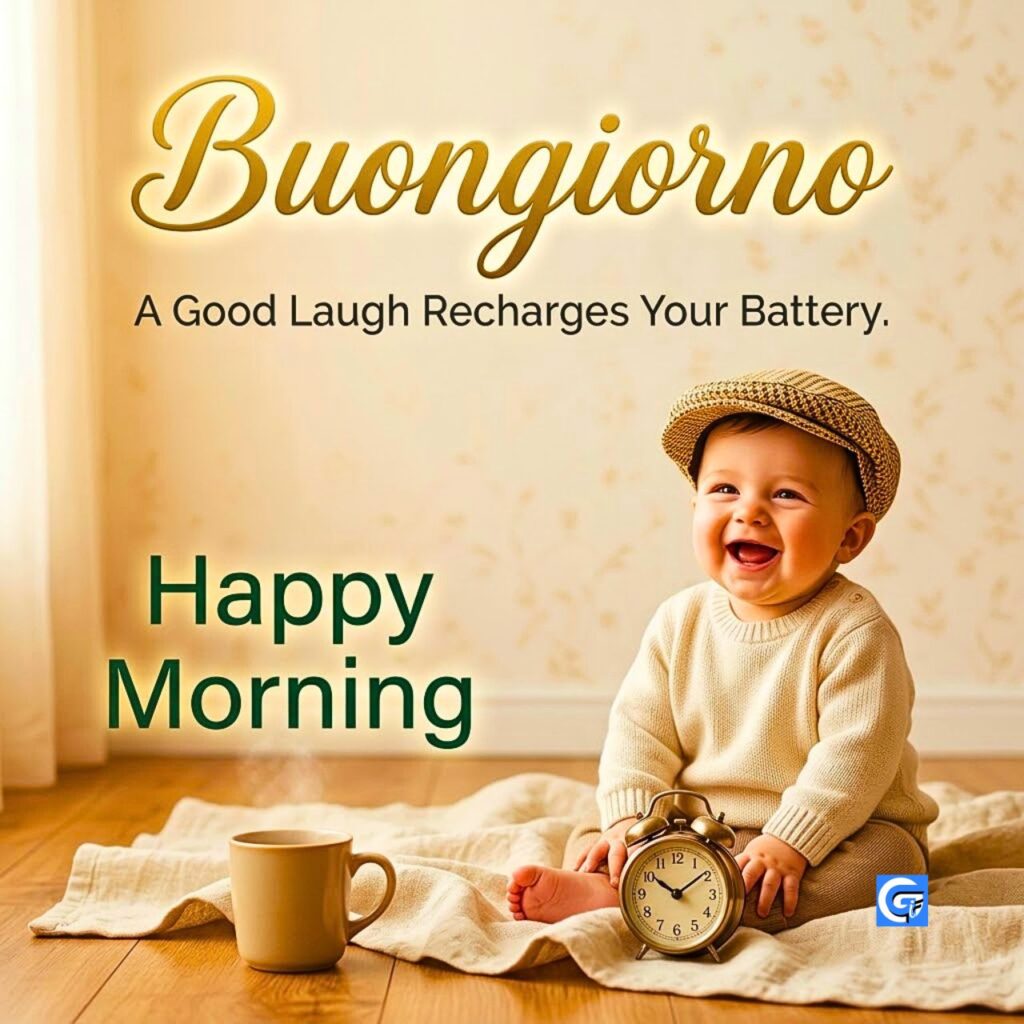 Bambino sorridente con cappello, testo Buongiorno in oro e frasi sulla risata e mattina felice
