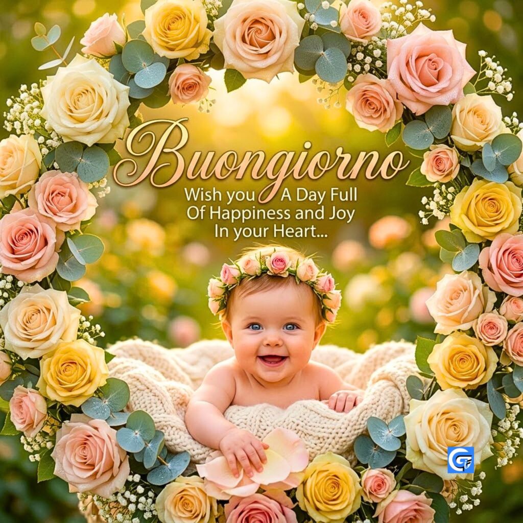 Bambino sorridente circondato da fiori con testo Buongiorno e citazione inglese sulla felicit&agrave;.