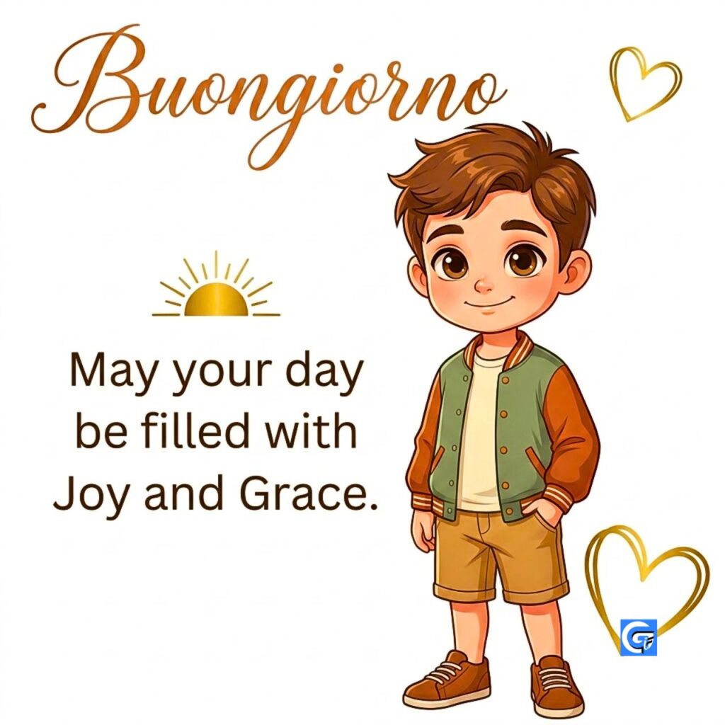 Bambino sorridente con giacca beige e shorts, testo Buongiorno e May your day be filled with Joy and Grace.