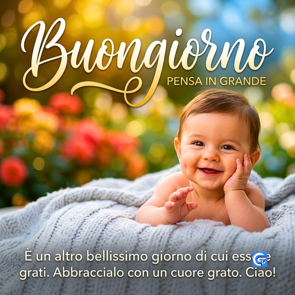 Bambino sorridente su coperta grigia con testo Buongiorno, Pensa in Grande e citazione.